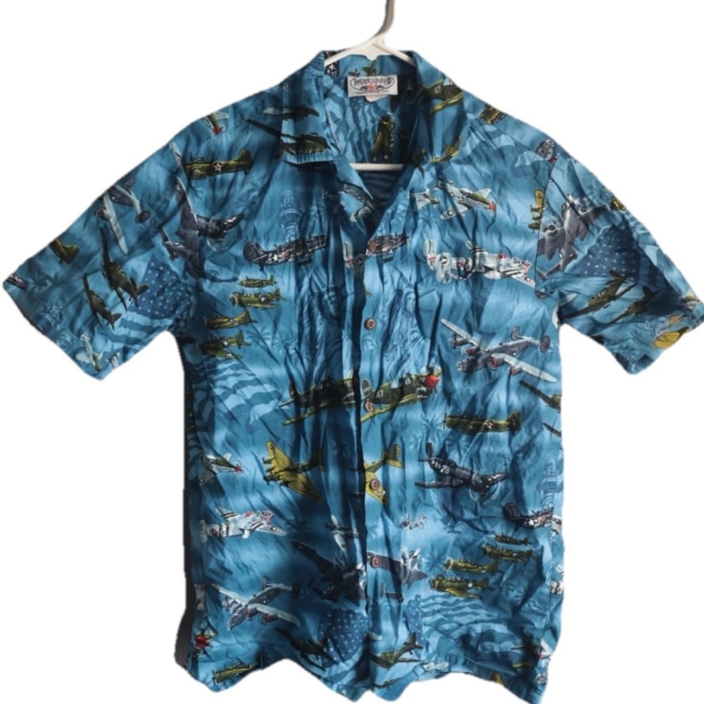 USA Fighter Planes Men's Cotton Hawaiian Shirt Pacific Legend Blue Medium Resort